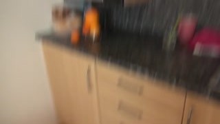 Hairy nerd fingers her muff in the kitchen