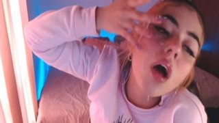 Cute teen plays with spit - sloppy blowjob